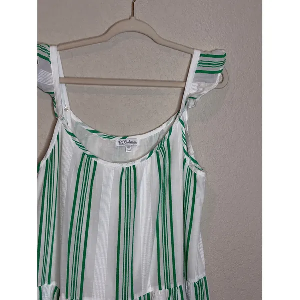 PJ Salvage Green Stripe Cotton Tiered Midi Dress Ruffle Strap Summer Size L - Image 4