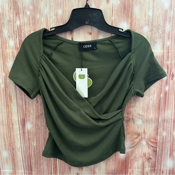 Cider Olive Green Faux Wrap Jersey Short Sleeve T Shirt - Image 2