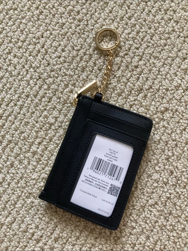 NEW Kate Spade Black Smooth Quilted Leather Card Holder Keychain Gold Hardware - Image 4