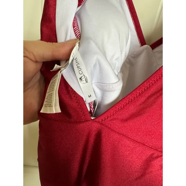Cupshe Burgundy Ruffle V Neck Ruched One Piece Swimsuit Medium NWT‎ - Image 5