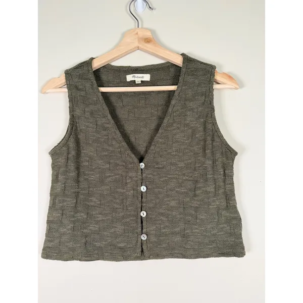 Madewell Olive Green Basketweave Knit‎ Button Front Sweater Vest NN249 Womens XS - Image 2