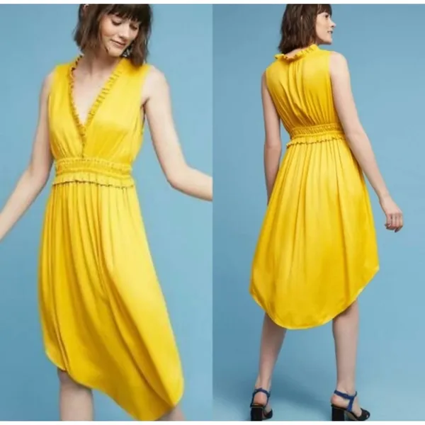 Anthropologie Maeve La Habana Gauze Midi Dress Medium Mango Yellow Smocked VNeck - Image 2