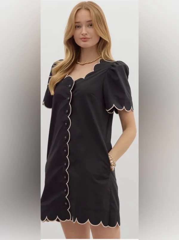 Entro Scallop Edge Dress Retro Cut Pockets Button Front Puff Sleeve Med *READ* - Image 11