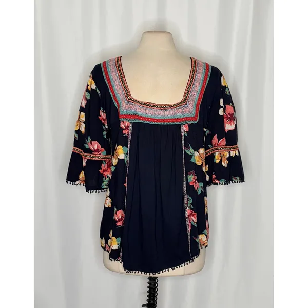 By ANTHROPOLOGIE Dakota Floral Embroidered Top Blouse Peasant Square‎ Neck Large - Image 8
