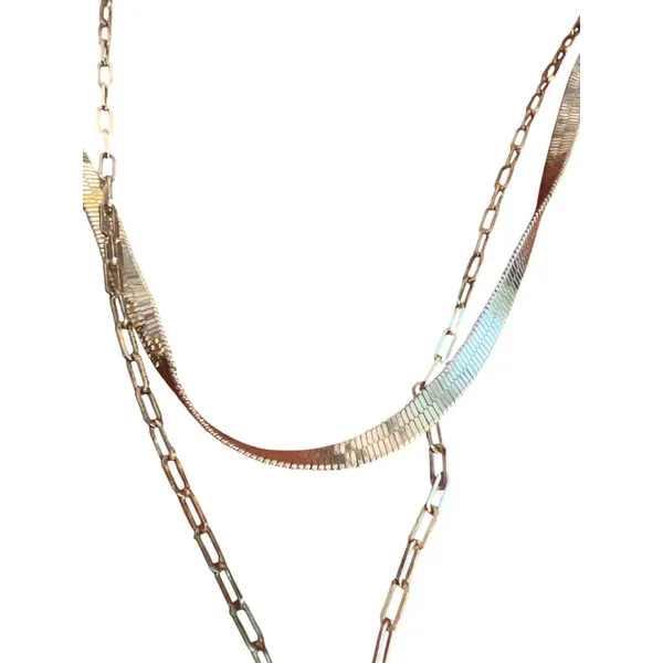 Gold Tone Layered Chain Necklace Herringbone Chain Link Textured Round Pendant - Image 3