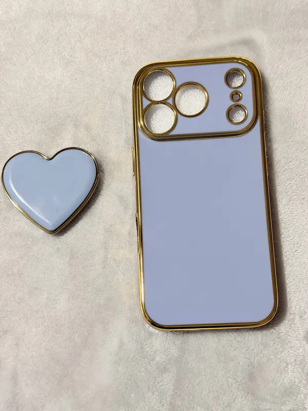 Light Blue Gold Heart Glossy Kickstand Back Case for Apple Smartphone Iphone 17 Pro - Image 4