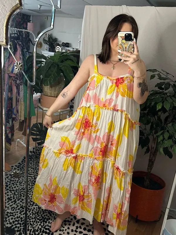 Free People Moonshine Midi Dress Floral Yellow White Medium - Image 6