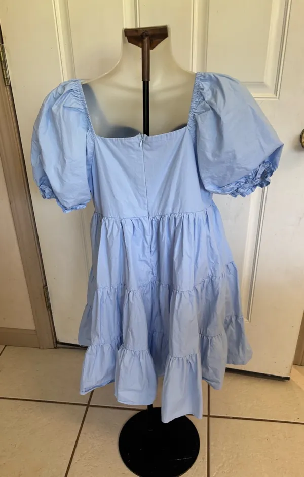 Large She & Sky Light Blue Short Puff sleeve sweetheart tiered Dress - Image 2