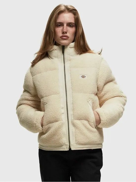 Dickies Sherpa Puffer Jacket Cream Teddy Fleece Zip Up Cozy Winter Coat - Image 2