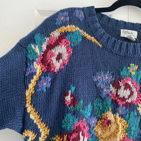 All Points Floral Knit Sweater Womens Size M Blue Vintage 90s Cotton Butter Mom - Image 5
