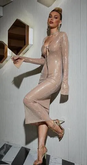 NWOT Meilun Deep V Dress Drawstring Long Sleeve Sequin Dress Long Gown, sz M - Image 2