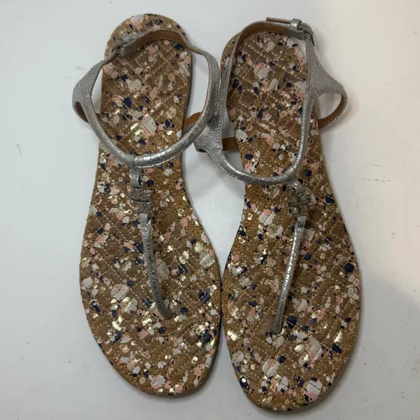 TORY BURCH Marion Confetti Cork T-Strap Silver Metallic Leather Thong Sandal 7.5 - Image 4