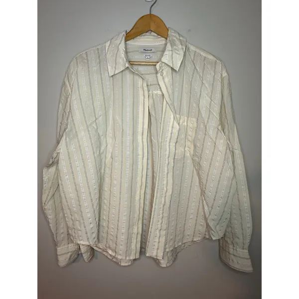 Madewell Relaxed Fit Yellow Cream Stripe Button Up Front Chest Pocket Size‎ XL - Image 2