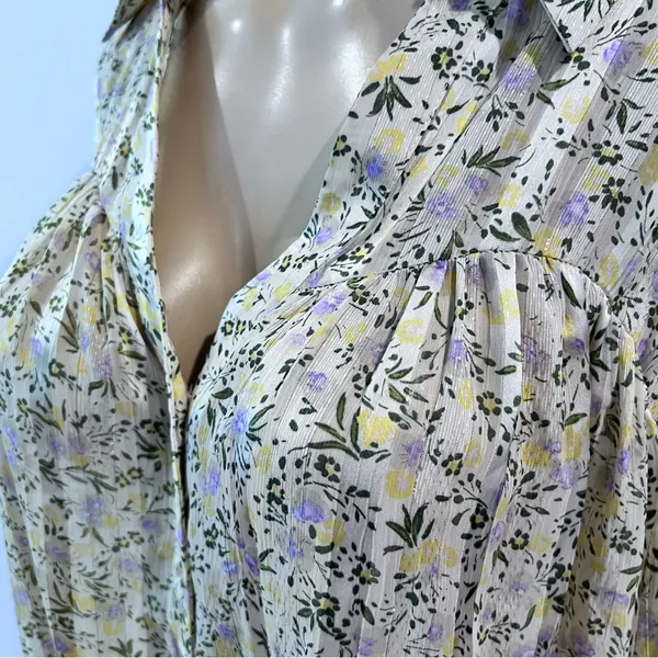 Zara Floral Blouse Sz L Loose Long Sleeve Striped Satin Chiffon - Image 5
