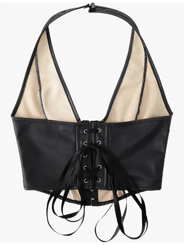 PU Leather Crop Top Women's Hook Eye Backless Halterneck NWOT size Xlarge - Image 5