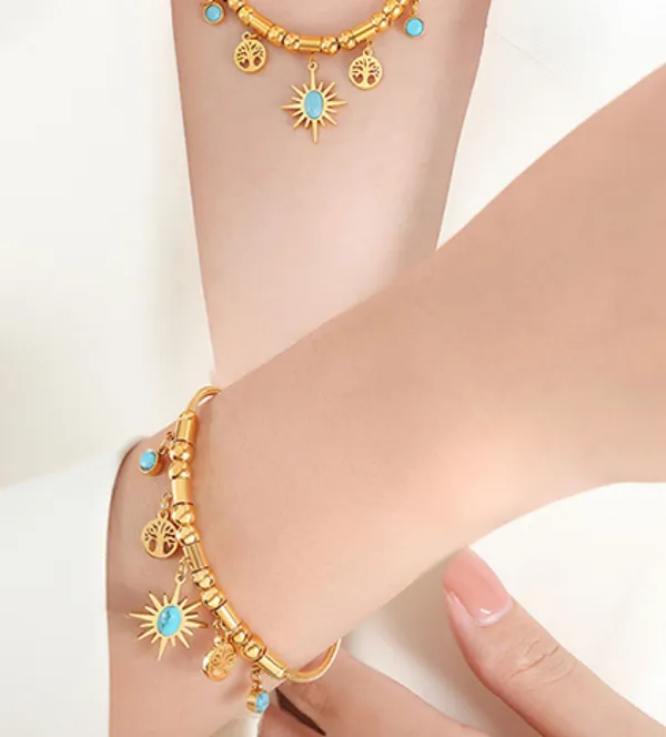 Turquoise Stones Stars Tree Of Life Charms Gold Bracelet - Image 3