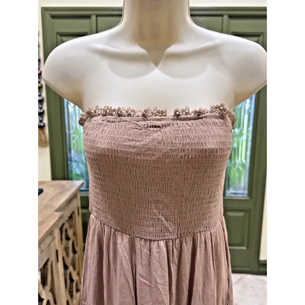 Mauve Pink Strapless Maxi Dress – Smocked Bodice & Crochet Lace Trim | Size S - Image 3