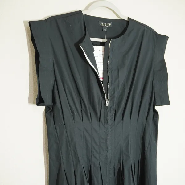 J. Crew Size Small Black Cotton Poplin Zip Front Pintuck Waist Midi Dress Preppy - Image 4