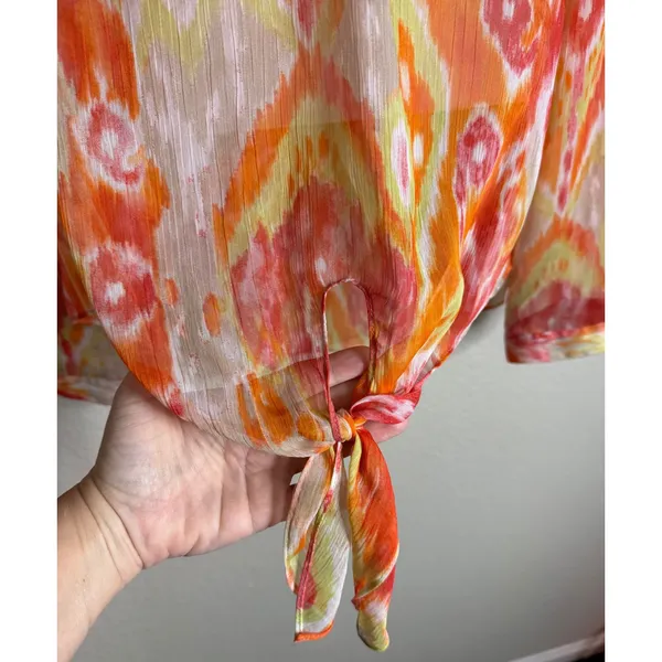 Chicos 3 US XL Womens Blouse Orange Ikat Sequin Neck Front Tie Long‎ Sleeve Top - Image 7