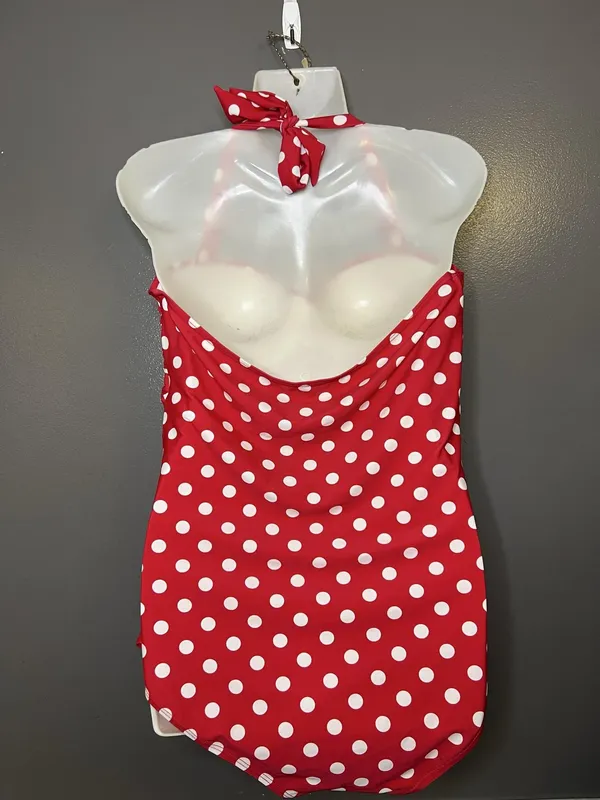 Red Polka Dot Swimsuit Womens XL Halter Ruched One Piece Padded Swimwear - Image 4