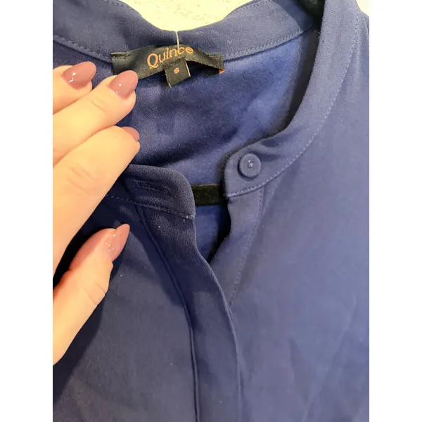 Quince Stretch Crepe Shirt Dress Textured Navy Blue Drop Waist Pocketed Small - Image 4