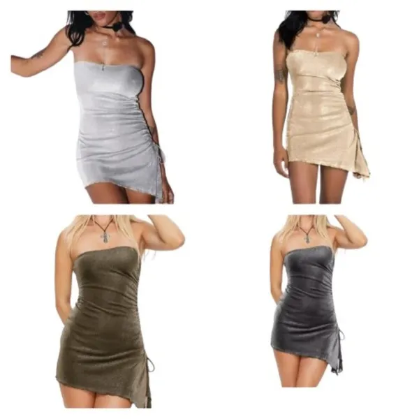 Strapless Tube Mini Dress Metallic Old Gold w/ Attached Shapewear Lining Large - Image 10