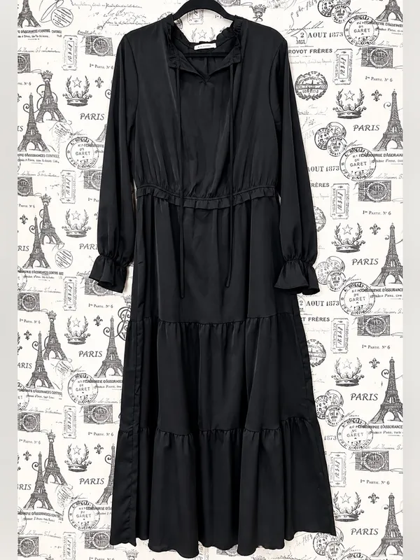 Boutique Black Tiered Ruffle Maxi Dress XL Long Sleeve Boho Romantic - Image 4