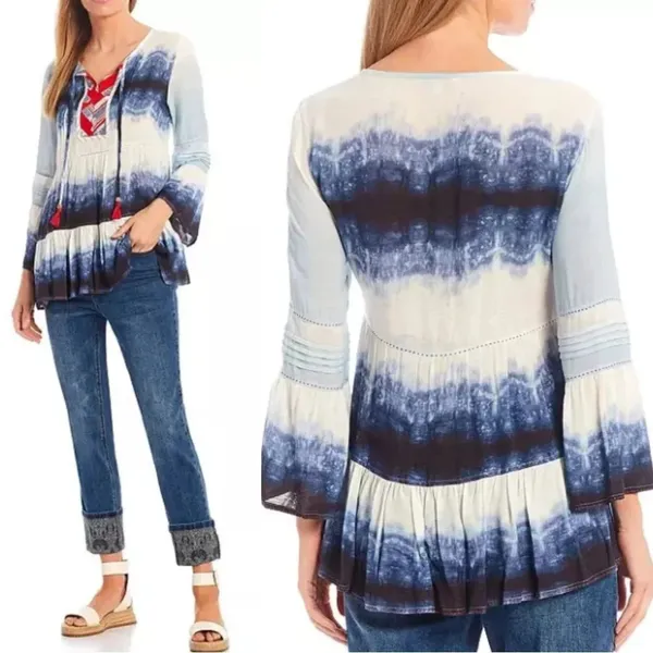 John Mark Ombre Tie Dye Tiered Blouse Tunic Peasant Tassel Artsy Bell Sleeve M - Image 2