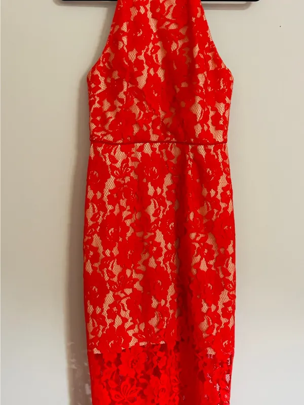 ABS Allen Schwartz Red Floral Lace Halter Dress Sheath Cocktail Wedding Guest 4 - Image 3