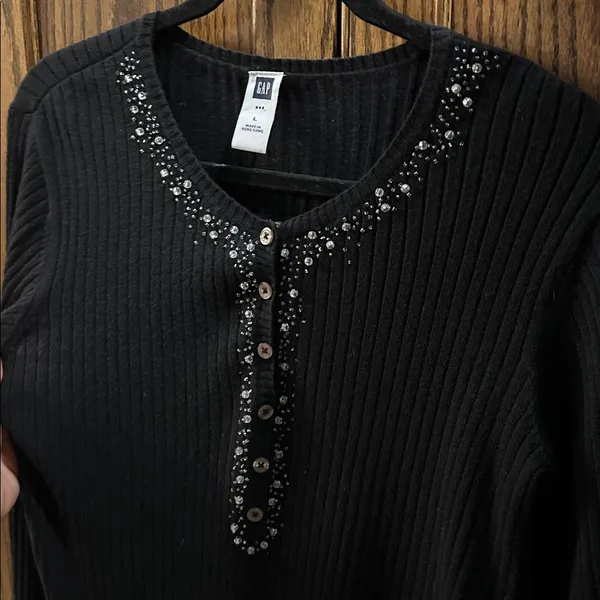 Vintage GAP Angora Henley Sweater‎ Womens Black Ribbed Beaded Cotton Wool Large - Image 4