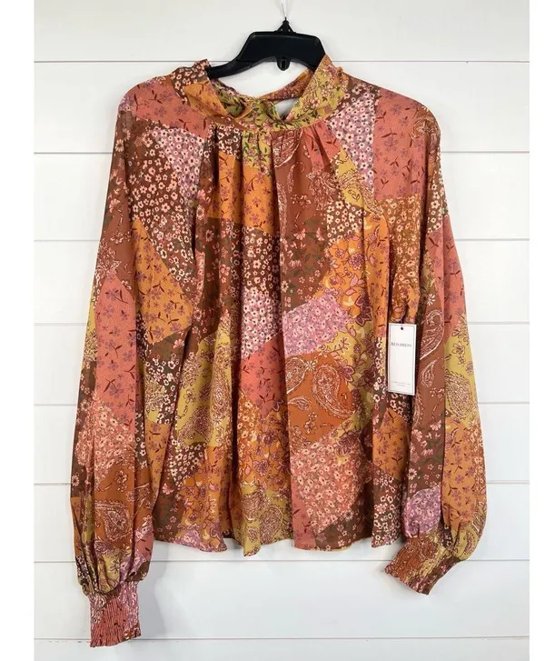AURA Blouse Womens Size L Patchwork Tie Neck Long Sleeve Bohemian Relaxed Fit - Image 2