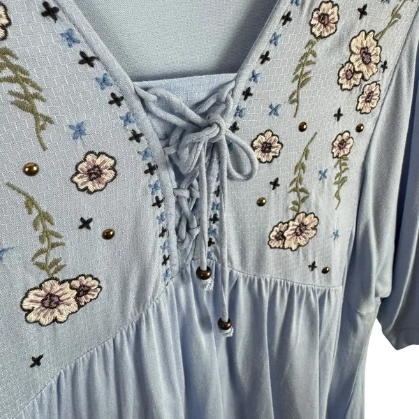 Haute Hippie Tribe Blue Viscose Floral Embroidered Short‎ Sleeve Blouse Size S - Image 4