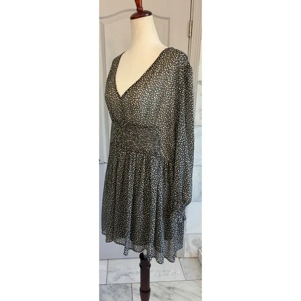 Zara Womens Green Cream Polka Dot Smocked‎ V-Neck Mini Dress L - Image 6