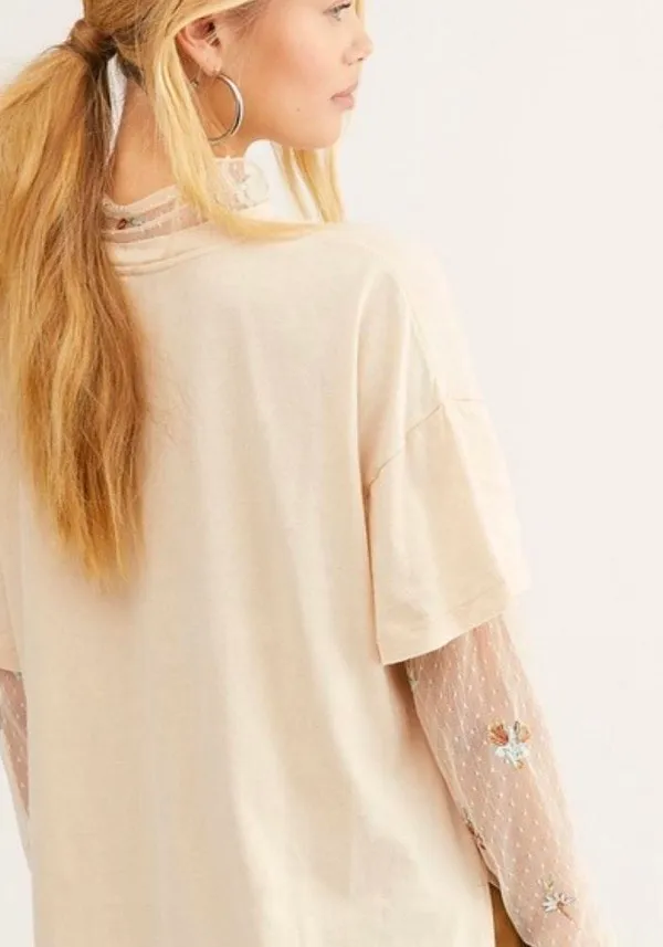 Free People Come Back Tee with Embroidered Sleeve - Image 2
