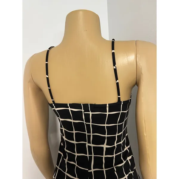 Y2K La Belle Vintage Black White Grid Midi Dress Surplice Spaghetti Strap M - Image 4
