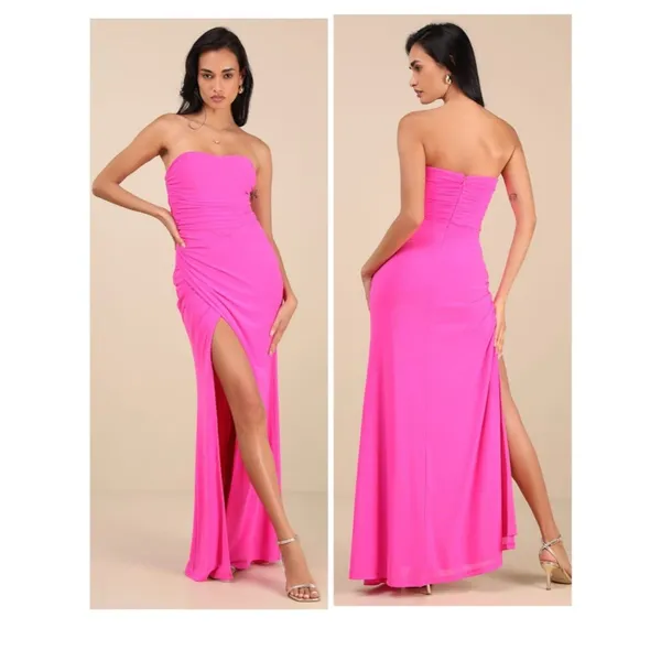 Lulus Epitome of Allure Hot Pink Mesh Strapless Ruched Maxi Dress Size Medium - Image 2
