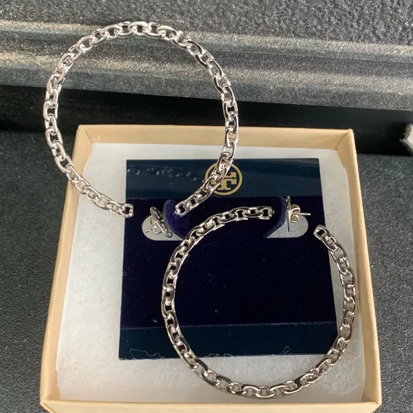 Tory Burch TB Dangle Hoop Earrings Silver Colored Bohemian Retro Brand New - Image 4