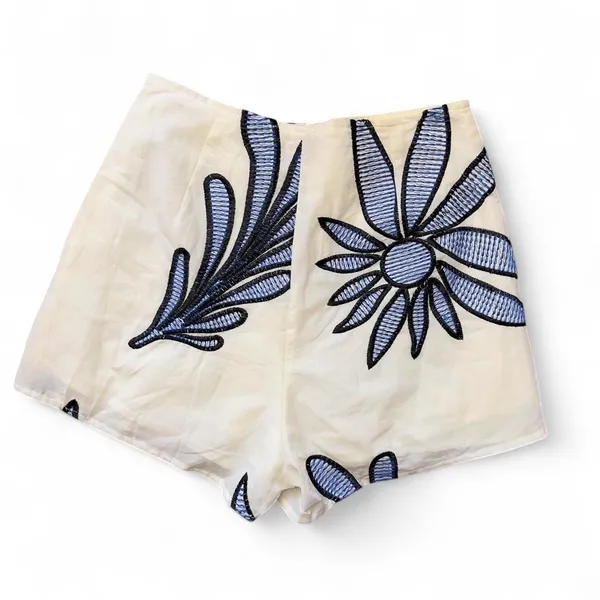 CIEBON Floral Embroidered Wrap Skort Cream Blue Cotton Resort Vacation XS - Image 5
