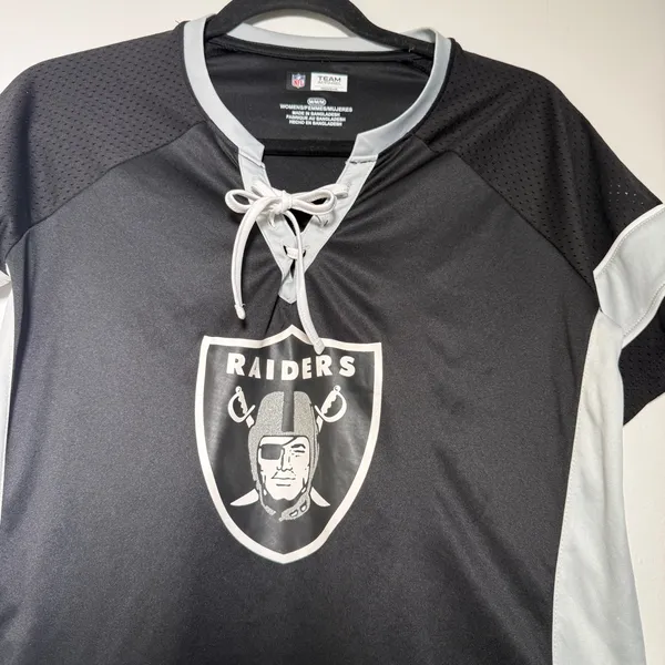 NFL Raiders Black and Gray Lace-Up V-neck Jersey Top Womens Small - Image 2
