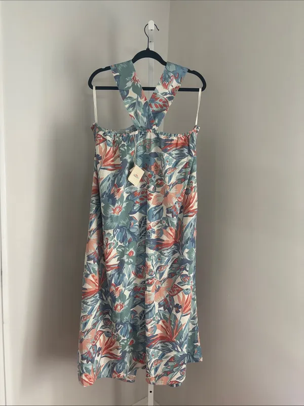 Faherty Bay Twist Seersucker Halter Midi Dress Floral Pastel Blue & Coral Sz XL - Image 4