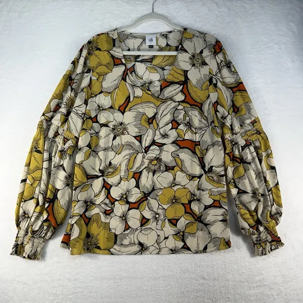 CAbi L Large‎ Sequel Blouse Floral V-Neck Smocked Poet Sleeves #3954 Women's - Image 4