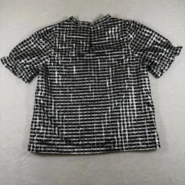 J.‎ Crew Metallic Silver Gingham Ruffle Neck Puff Sleeve Top CF117 Black Womens - Image 13