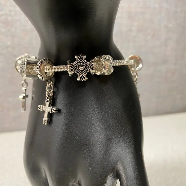 Premier Designs Silver Tone Charm Bracelet Cross Heart Dangle Beads Luck Scroll - Image 8