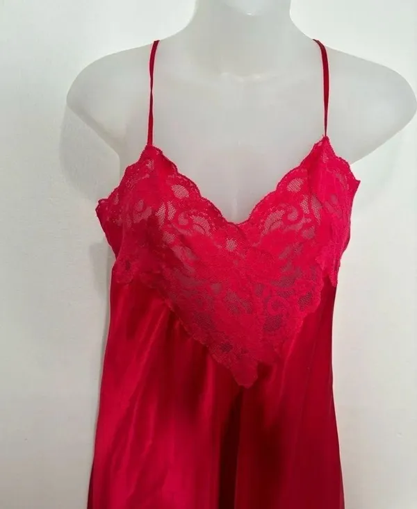 Vintage Victoria’s Secret Y2k Silky Slit Red Maxi Slip Dress Rosette Lace Medium - Image 3