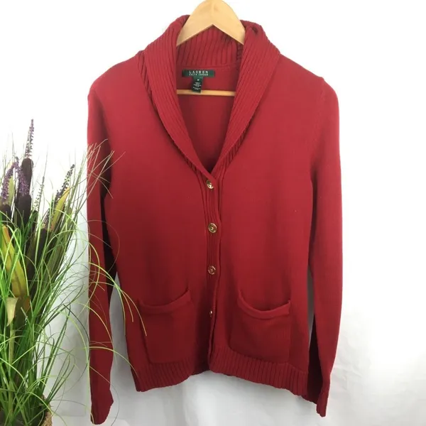 Ralph Lauren Red Cotton Knit Cardigan Button up Preppy Sweater M - Image 3
