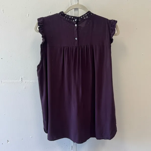 LOFT Purple Sleeveless Eyelet Embroidered Ruffle Blouse Plum Large Whimsical - Image 2