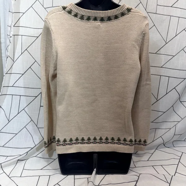 Christopher & Banks Sweater Medium Tan Santa Hand Embroidered‎ Christmas Holiday - Image 2