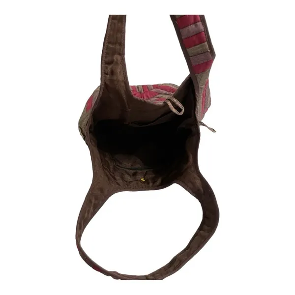 Boho Quilted Silk Shoulder Bag | Red Brown Patchwork Hobo | Coconut Button - Image 9
