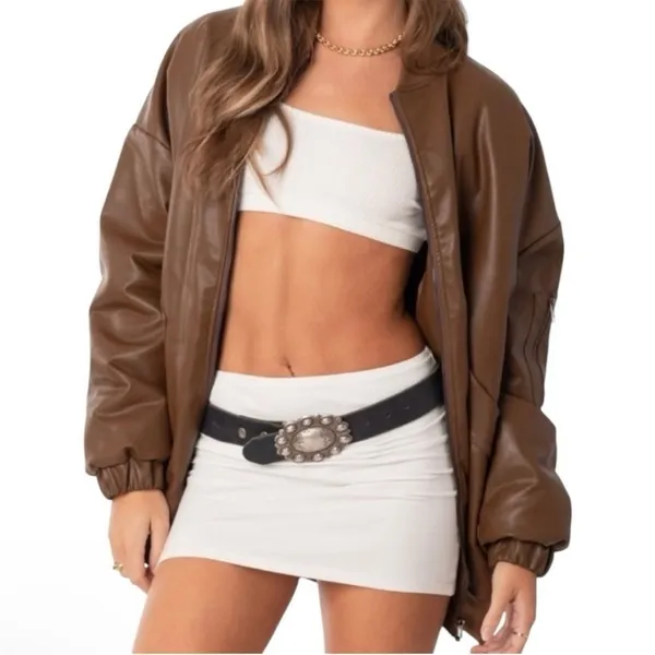 Edikted Vegan‎ Leather Quilt Lined Oversized Brown Bomber Jacket, Size S - Image 2