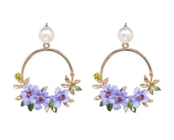 Women's Purple Crystal Flower Drop Dangle Hoop Earrings - Image 3